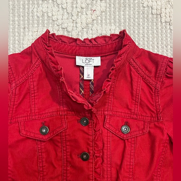 Ann Taylor LOFT Red Corduroy Ruffle Button Up Jacket - Picture 3 of 9